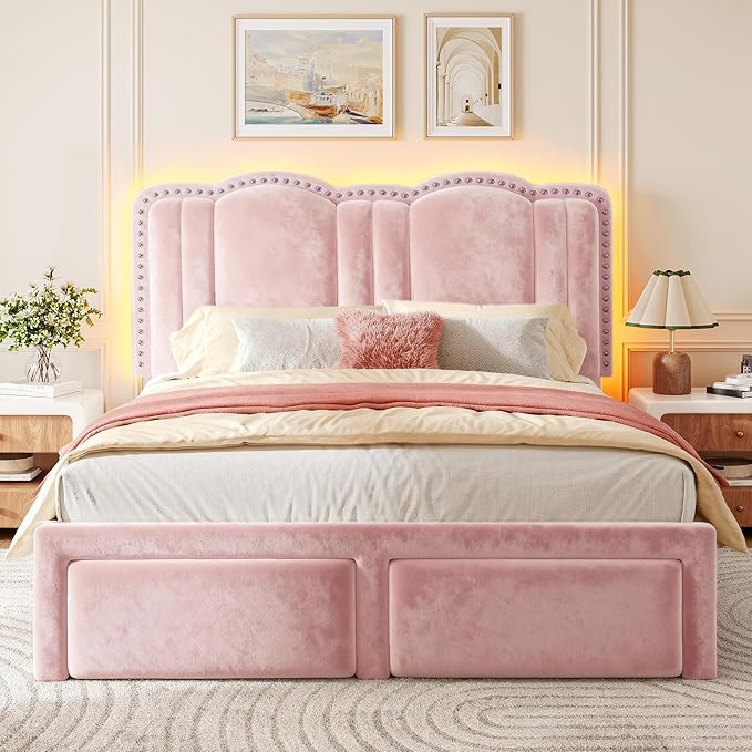EnHomee Queen Bed Frame with LED, Velvet Upholstered Cloud Headboard and 2 Drawers, Bed Frame Queen Size with Height Adjustable Headboard, Solid Wooden Slats, No Box Spring Needed, Easy Assembly, Pink