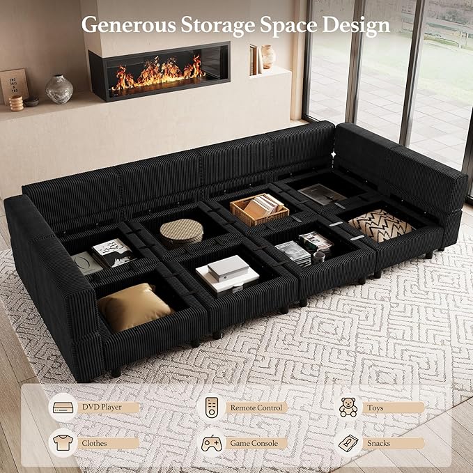 114.2" 8 Seat Modular Sectional Sofa with Deep Storage Seat, Comfy Corduroy Sectional Couch Convertible Modular Sleeper Sofa Couch with Movable Ottoman Chaise, Black