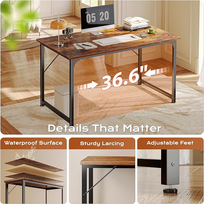 PRAISUN 40 X 24 Inch Computer Desk with Deeper Desktop, Gaming Office Writing Work Desk for Home Office, Study, Bedroom, Work from Home, Metal Frame, Rustic Brown