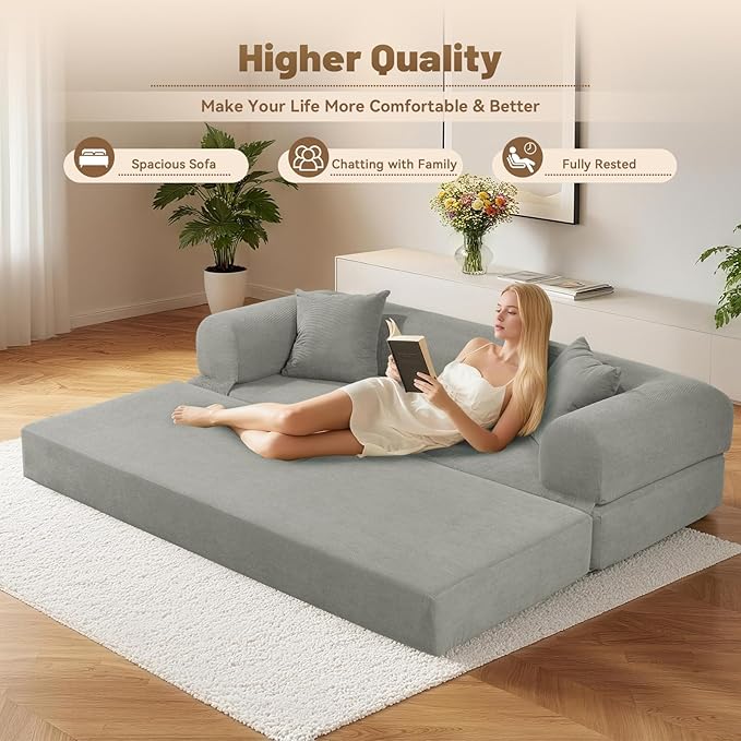Convertible Futon Sofa Bed,80" Folding Pull Out Couch Bed with Pillows & Storage Pocket, Oversized Queen Sleeper Sofa in a Box,Corduroy Boneless Couch for Living Room,Light Grey
