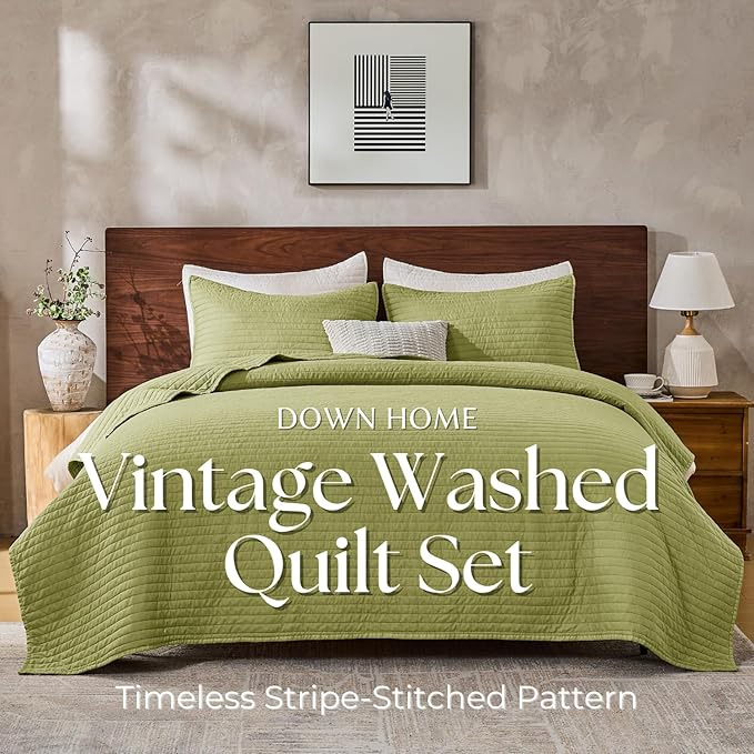 DOWN HOME Queen Quilt Bedding Set with Shams, Vintage Washed Soft Quilted Blanket Thin Comforter Lightweight Bedspread Coverlet Bed Cover, Brushed Microfiber Stripe Stitching, Golden Olive, 86"x90"