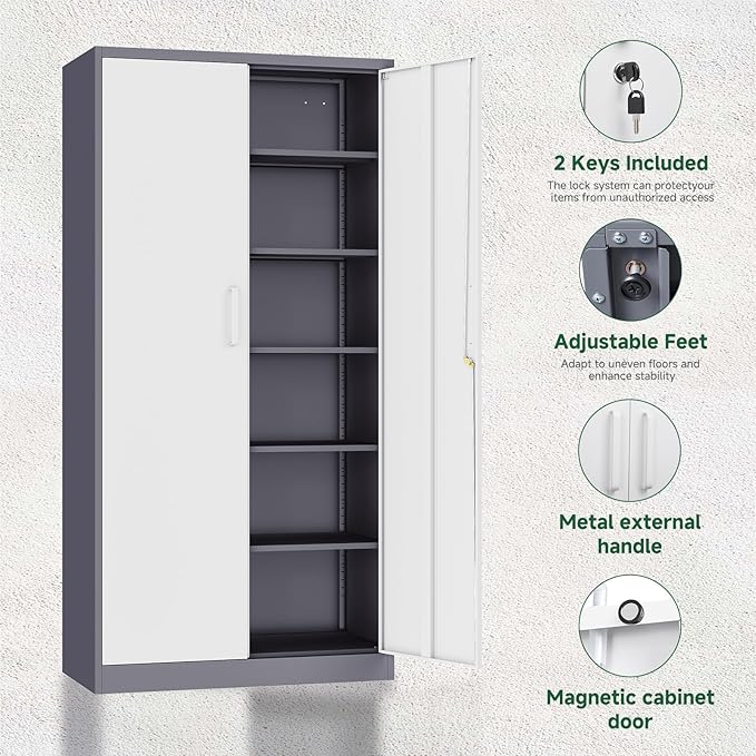 Letaya Metal Storage Cabinet with Lock Door, 71" Adjustable Shelf Steel Lockers for Office, Home,School,Garage Utility Tool Cabinet (2 Door-White&Gray)