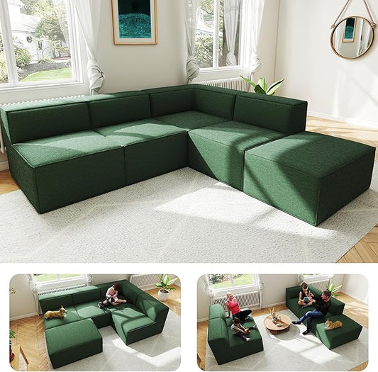 97"+57" 5-Piece Modular Sectional Sofa Convertible Cube Couch 2 3 4 Seat Set, L-Shape, Thick Foam No Assembly for Living Room (3xArmless+1xCorner+1xOttoman) Fabric Chenille Dark Green
