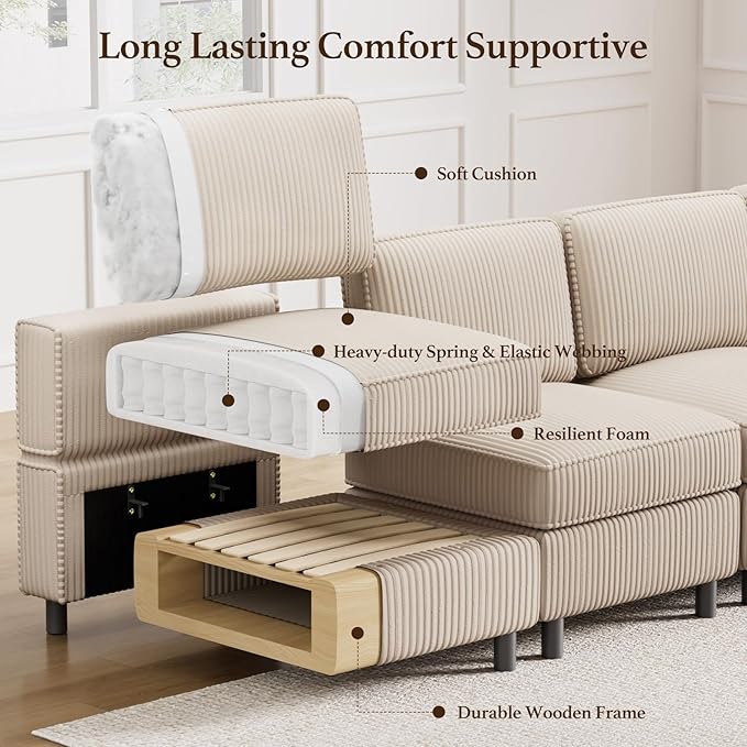 114.2" Modular Sectional Sofa with Deep Storage Seat,Corduroy 7 Seat U Shaped Sofa Couch,Modular Sofa Couch with Movable Ottoman Chaise,Upholstered Sectional Couches for Living Room,Beige
