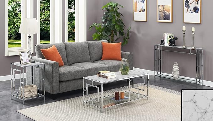 Town Square Chrome Console Table with Shelf, White Faux Marble/Chrome