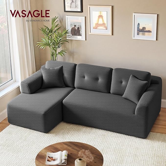 VASAGLE 108.3 Inches Boneless Couch with Chaise, Modular Sectional Sofa, Modern Cloud Couch with Deep Seat, L-Shape Corduroy Sofa for Living Room, Left-Facing Chaise, Bedroom, Slate Gray ULCS181GN01