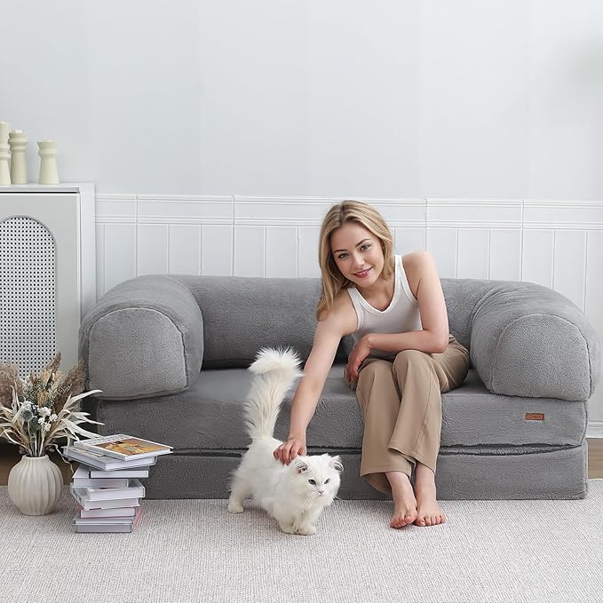 COMAX Folding Sofa Bed Queen, Foldable Couch Bed, Fold Out Futon Chair Sleeper for Adults, Convertible Floor Mattress Sofa for Bedrooom Living Room Guest Room, Faux Fur Grey