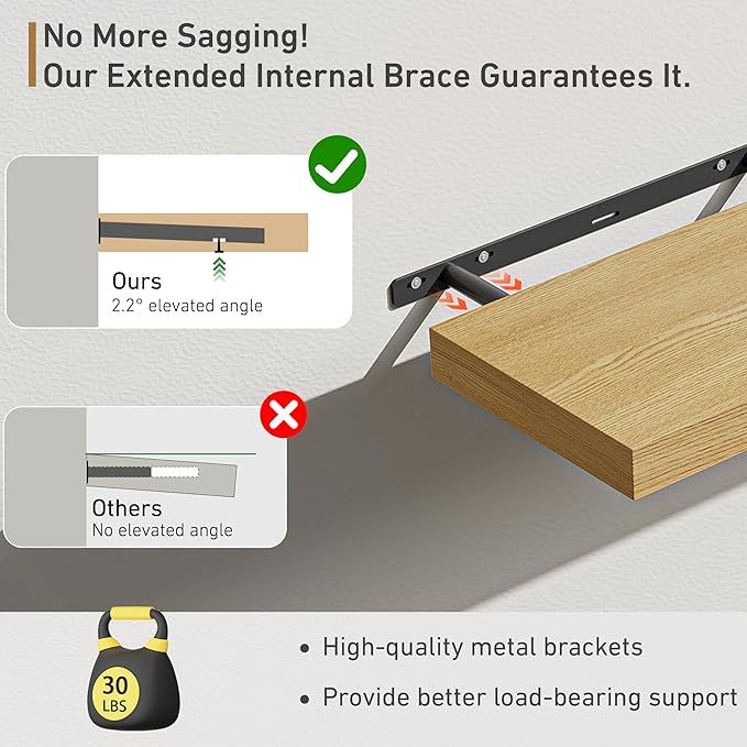 Fun Memories 16 Inch Floating Shelves for Wall, 9.3Inch Deep Floating Shelf, Extra Deeper & Thicker Wall Mounted Storage Shelf for Kitchen, Farmhouse, Oak, 2 Pack