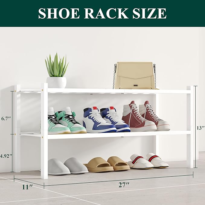 Smiry Shoe Rack, 2 Tier Bamboo Shoe Organizer, Stackable Free Standing Wooden Shoe Storage Shelf for Closet, Entryway, Front Door Entrance, White
