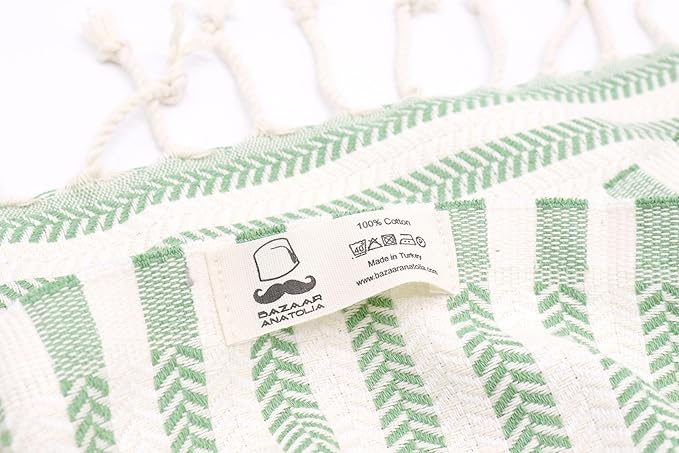 Bazaar Anatolia Turkish Beach Towel – 100% Cotton, Quick Dry, Sand Free Striped Towel for Bathroom and Travel, Sage Olive Color – Oversized 71x39 Inches – Arpa Green
