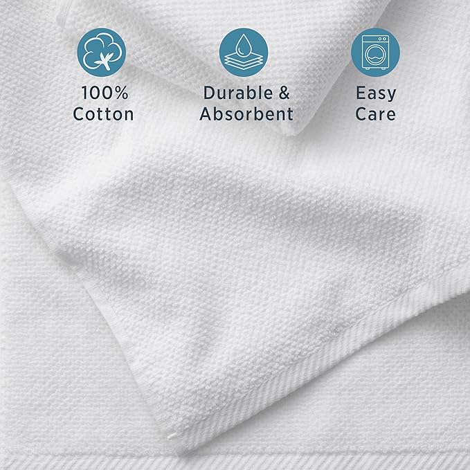 Welhome Franklin 100% Cotton Popcorn Textured Towel Set - 6 Piece 600 GSM, Soft & Plush, 2 Bath Towels, 2 Hand Towels, 2 Washcloths, White