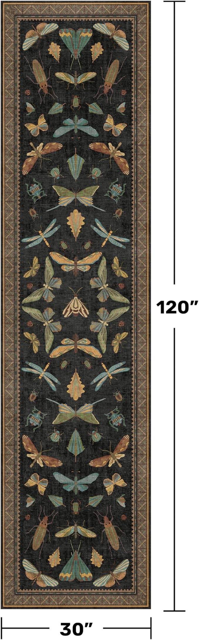Black Insect 2'6"x10' Washable Extra Long Runner Rugs for Hallways, Non Skid Stain Resistant Wide Rug Runners for Kitchen, Entryway, Dark Floral Boho Butterfly Pattern Indoor Decor
