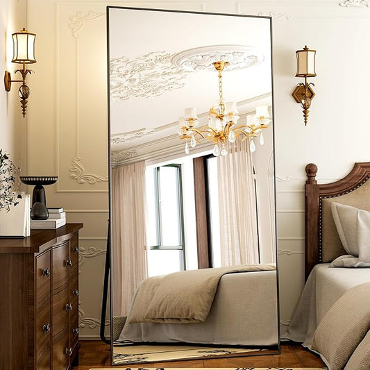 GLSLAND 77" x 38" Rectangular Full Length Mirror - Oversize Floor Mirrors Aluminum Alloy Frame Full Body Dressing Mirror for Bedroom Living Room,Black