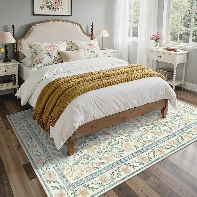 GENIMO 5x7 Washable Area Rug, Non-Slip Vintage Boho Floral Carpet, Soft Low-Pile Thin Bedroom Rug for Living Room, Dining Room, Nursery, Green