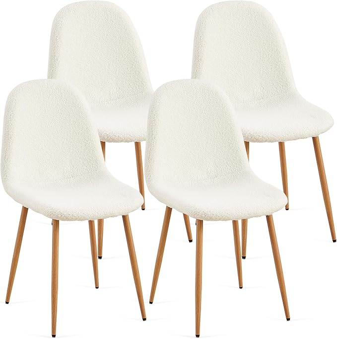 Howtek Mid-Century Modern Dining Chairs Set of 4, Plush White Teddy Fleece Upholstered Kitchen Side Chairs with Backrest & Metal Legs for Dining Room, Living Room, Apartment