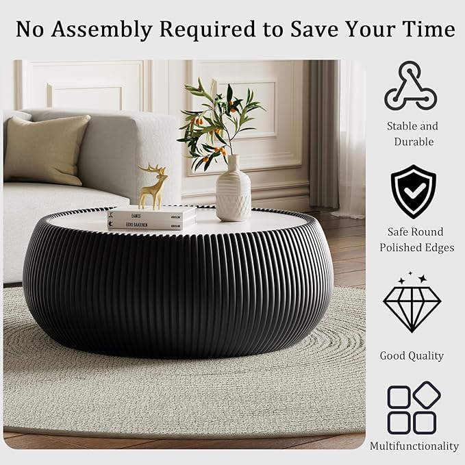 Black Round Coffee Table with Sintered Stone Tabletop, 27.55" Drum Coffee Table with Fluted PU Leather Covered and Stable Base, Circle Cocktail Tea Table for Living Room