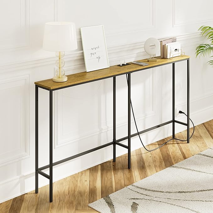 63 Inch Console Table with Power Outlet,Modern Narrow Long Sofa Table Behind Couch,Skinny Entry Table with Black Metal Frame for Entryway,Living Room, Hallway,3D Oak