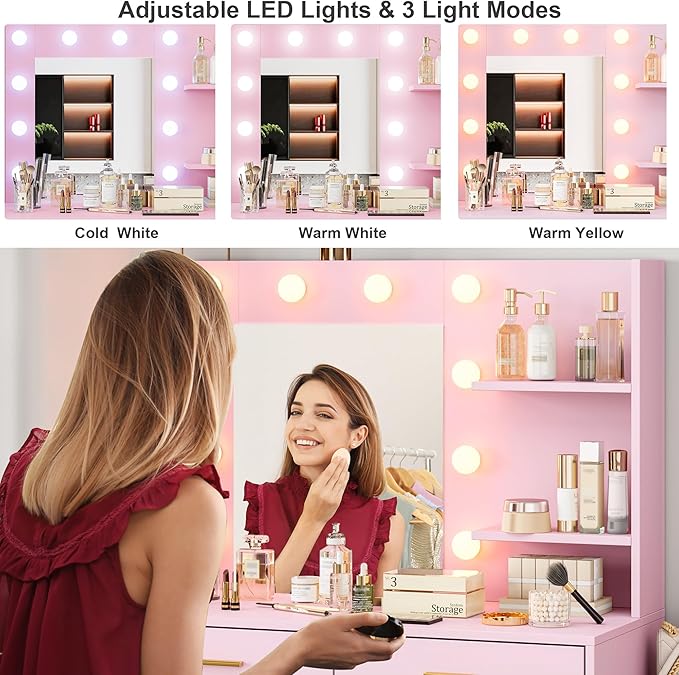 GarveeHome 61" Make up Vanity Desk with Mirror and Lights, Pink Vanity with 8 Wide Storage Drawers & 2 Tier Shelves, 3 Lighting Modes with Adjustable Brightness for Bedroom