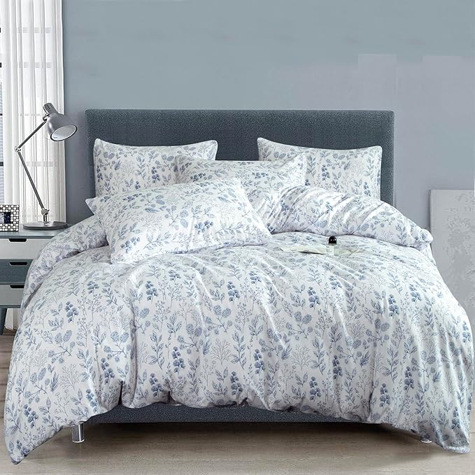 Floral Comforters Queen Size 3 Pieces Soft Chic Garden Style Blue Floral Print Lightweight Botanical Flower Comforter Set for All Seasons 1 Comforter and 2 Pillowcases
