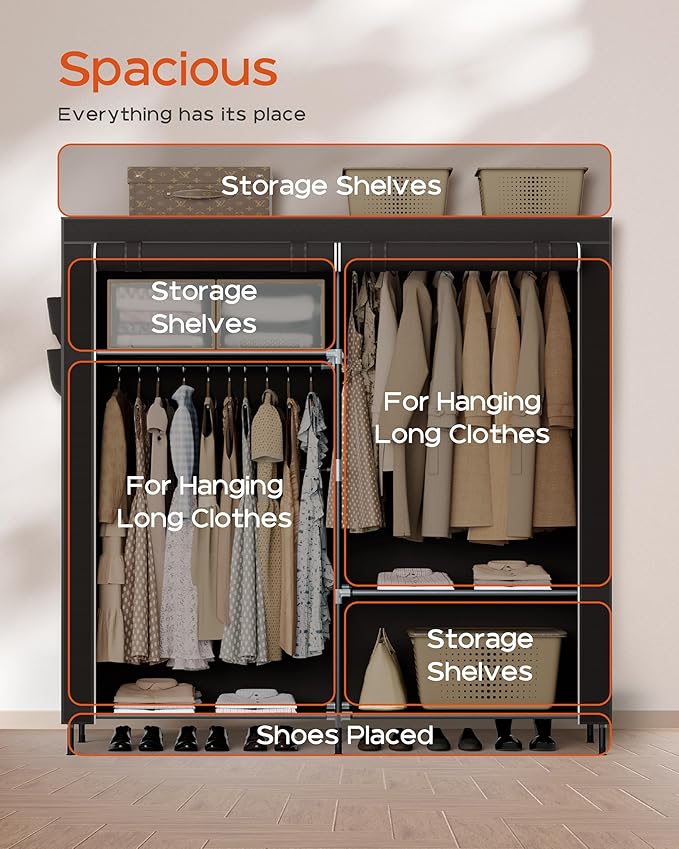 Portable Closet, 61.8 Inch Large Capacity Wardrobe Closet with Cover, Clothes Storage Organizer with Shelves and 2 Hanging Rods, Easy to Assembly, Black PCT222B01