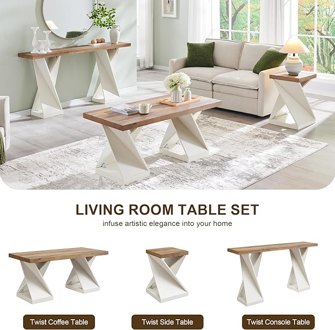 OKD Modern Coffee Table, 48" Twisted Center Table with Wood Thickened Pedestal, Rectangular Rustic Living Room Table, Farmhouse Storage Low Cocktail Tea Table, Antique White