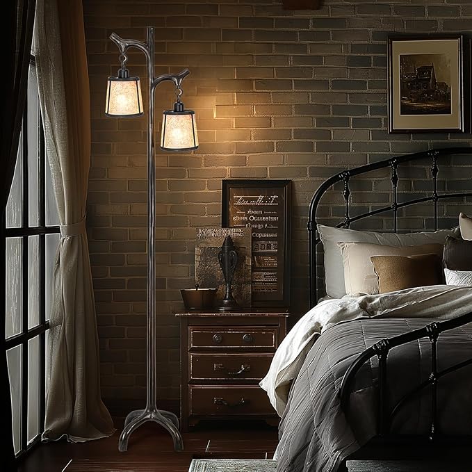 68" Farmhouse Floor Lamp With Mica Shade For Living Room,Modern Industrial Vintage Standing Floor Lamp for Bedroom ,Stepless Dimmable Rustic Tree Trunk Tall Lamp For Office,Living Room (Bulb Included)