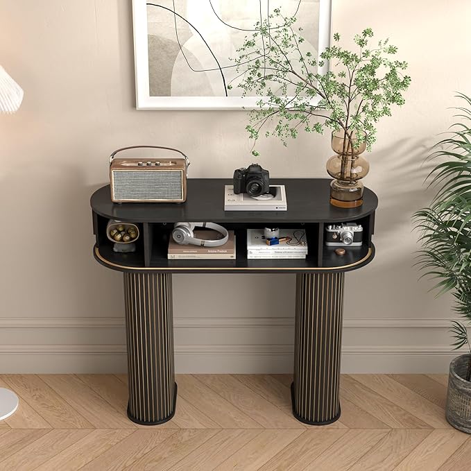 Round Console Table, Mid Century Modern Console Table, Sofa Table, Narrow Entryway Table for Hallway Living Room (Black)