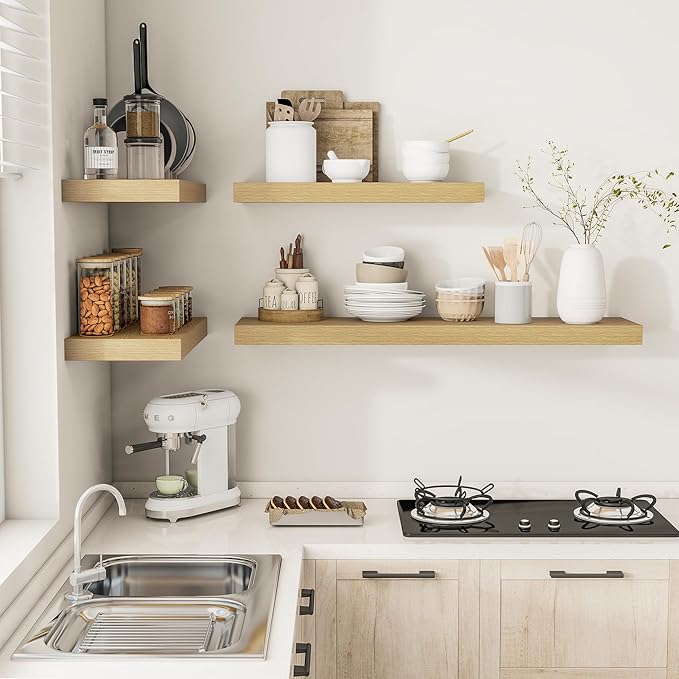 Vivelove 12 Inch Deep Floating Shelves 36 inch Long, 2 Inch Thick Wall Shelves with Invisible Brackets, Shelf for Bedroom Bathroom Living Room Kitchen Office Home Decor, Modern Shelf Set of 2, Oak