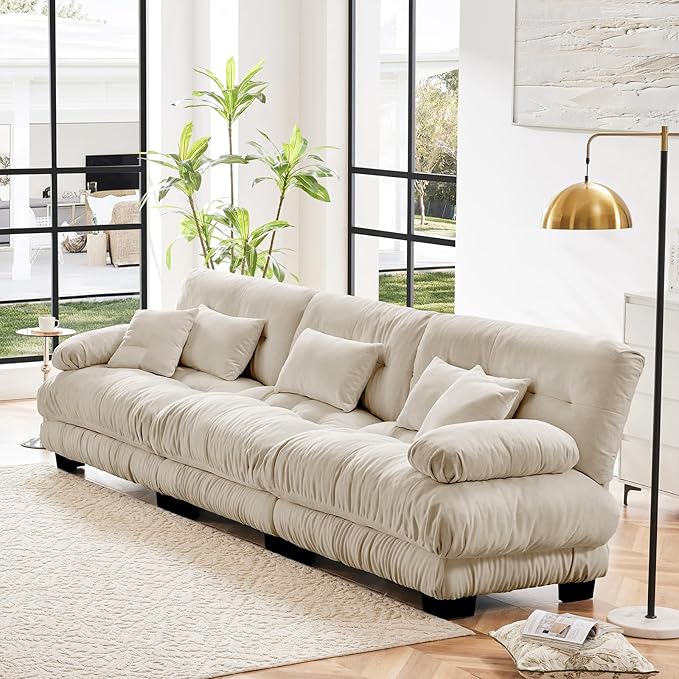 133.8" Oversized 3 Seater Modular Sectional Sofa, Beige Large Sectional Fluffy Couch Set, Chenille Cloud Couch with 5 Pillows, Deep Seat Sofas for Living Room