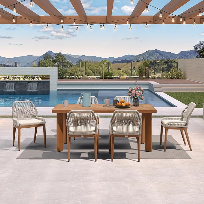 PURPLE LEAF 7 Pieces Dining Set Patio Metal Rectangular Table and Wicker Rattan Chairs for Outside Porch Garden Kitchen Modern Outdoor Furniture Sets