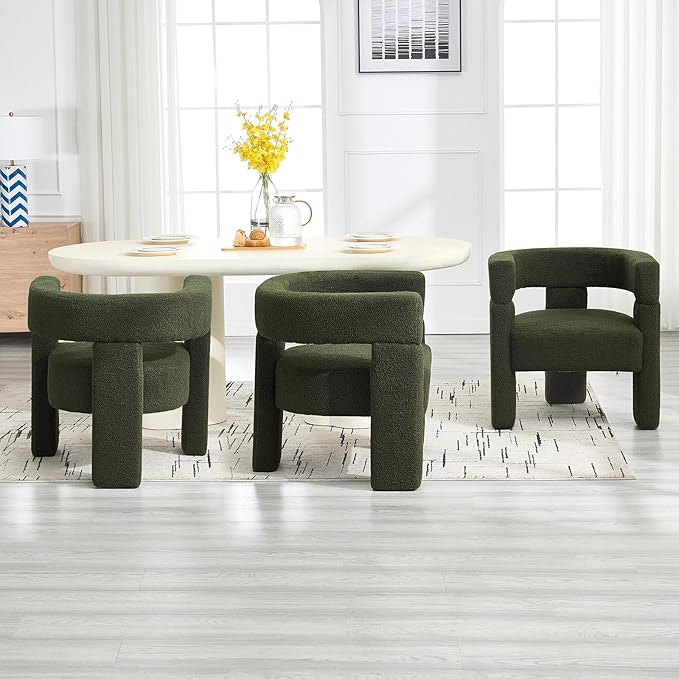 Sherpa Barrel Dining Chair, Upholstered Boucle Accent Kitchen Chairs with Arms, Comfy Faux Fur Side Chair Modern Armchair for Dining Room, Bedroom, Home Office, Green