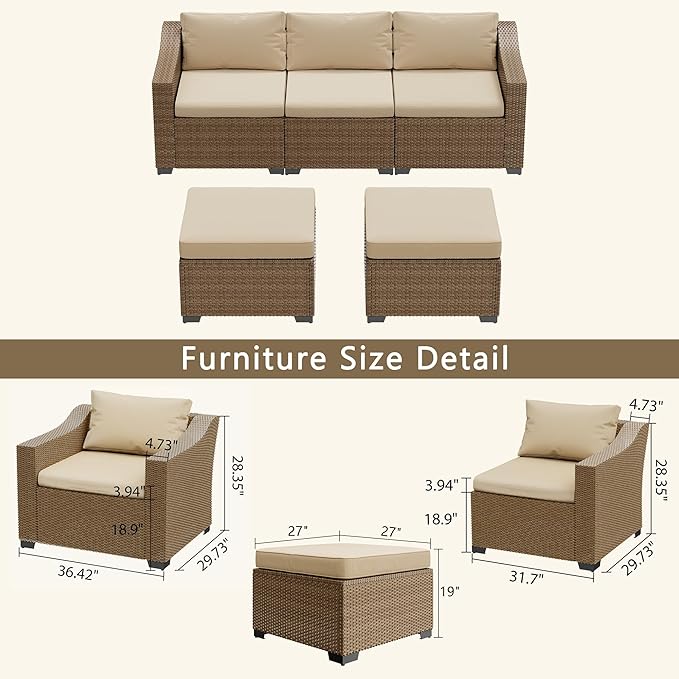 LHBcraft Patio Conversation Set Rattan Outdoor Sectional Furniture Sofa Set Wicker Couch with Coffee Table and Cushions for Poolside, Backyard (Yellow-Beige, 5-PCS)