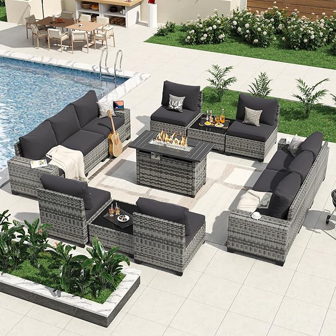 Aoxun 13 Pieces Patio Furniture Set with 44” Fire Pit Table Wicker Rattan Outdoor Sectional Conversation Set with Coffee Table and 4” Thickened Cushions, Gray/Black(Waterproof Cover Included)