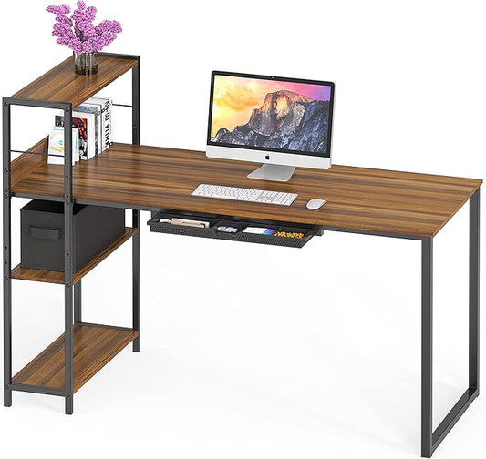 SHW 46-Inch Home Office Mission Computer Desk with Side Shelf and Drawer, Walnut
