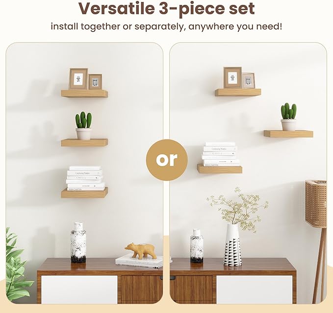 Fun Memories Floating Shelves for Wall - 12 Inch Square Shelves with Invisible Brackets, Small Wall Shelf for Living Room, Bathroom, Bedroom, and Kitchen Decor，Set of 3