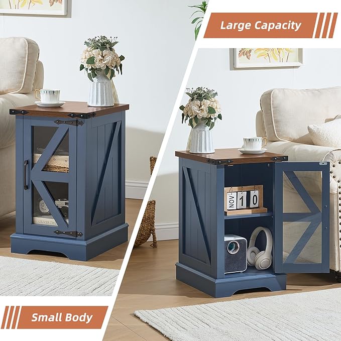 Farmhouse Coffee Table Sets 2 Pieces, Narrow Night Stand with Glass Barn Door Storage, Large Coffee Tables with Hidden Storage Organizer, Wood Furniture Sets for Living Room, Office, Blue
