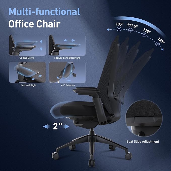 COLAMY Ergonomic Mesh Office Chair, Computer Executive Desk Chair, Ergonomic Office Chair Lumbar Support with Flexible Backrest, Slide Seat, Darkblue