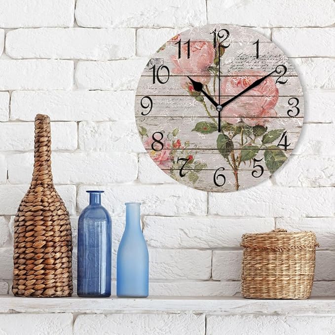 Wall Clock Vintage Wood Grain Flower Silent Non-Ticking Decorative Round Wall Clocks Battery Operated for Office Home Living Room Kitchen Bedroom 10 Inch