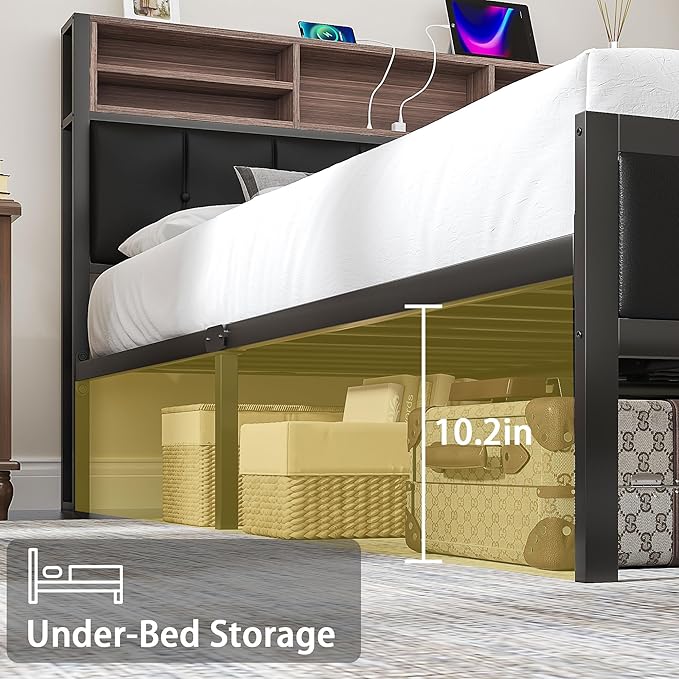 VECELO Farmhouse Metal Bed Frame Queen Size with Wooden Headboard & Footboard, Solid Platform Mattress Foundation with Storage, LED Light, Charging Station, USB Ports, Noise-Free, Easy Assembly, Black