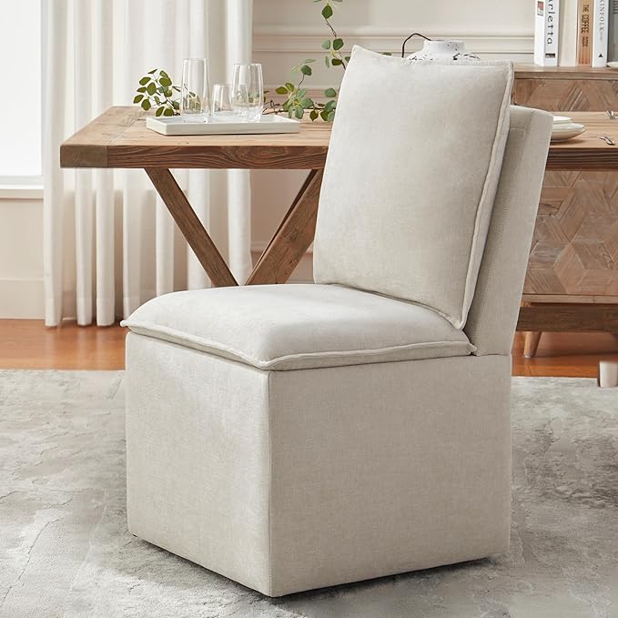 VKNOW Upholstered Dining Chairs, Modern Rolling Chairs with Storage and Wheels, Linen Armless Chair with Cushion and Backrest, Dining Room Chairs for Living Room Kitchen Bedroom, Beige