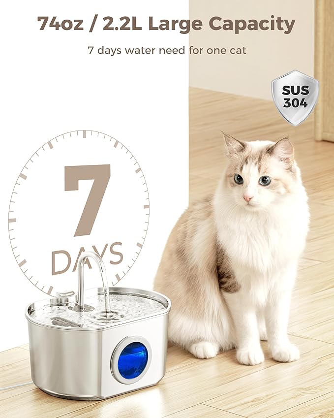 Cat Water Fountain Stainless Steel: 74oz/2.2L Cat Fountain for Drinking- Pet Water Fountain Inside - Automatic Dog Watering Dispenser Bowl - Pet Feeding & Watering Supplies (4 Filters)