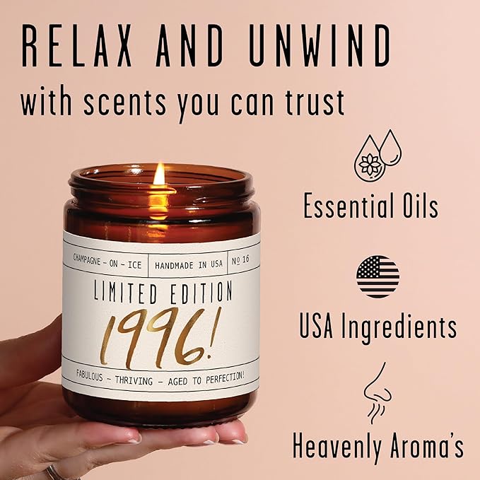 29th Birthday Gifts for Women - 'Limited Edition 1996' Soy Candle, w/Champagne on Ice I 29 Birthday Gifts for Women I 29st Gift for Her Ideas I 9oz Reusable Jar, 50Hr Burn, Made in USA