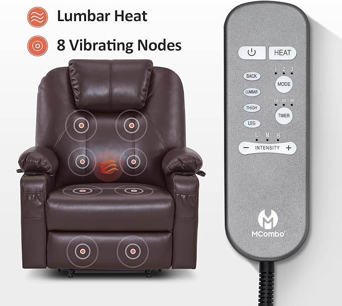 MCombo Oversized Power Lift Recliner Chair for Elderly, Lift Chair with Heat and Massage for Big and Tall, USB&Type C Ports, Cup Holders, Faux Leather R7510 (Dark Brown, Large-Wide)