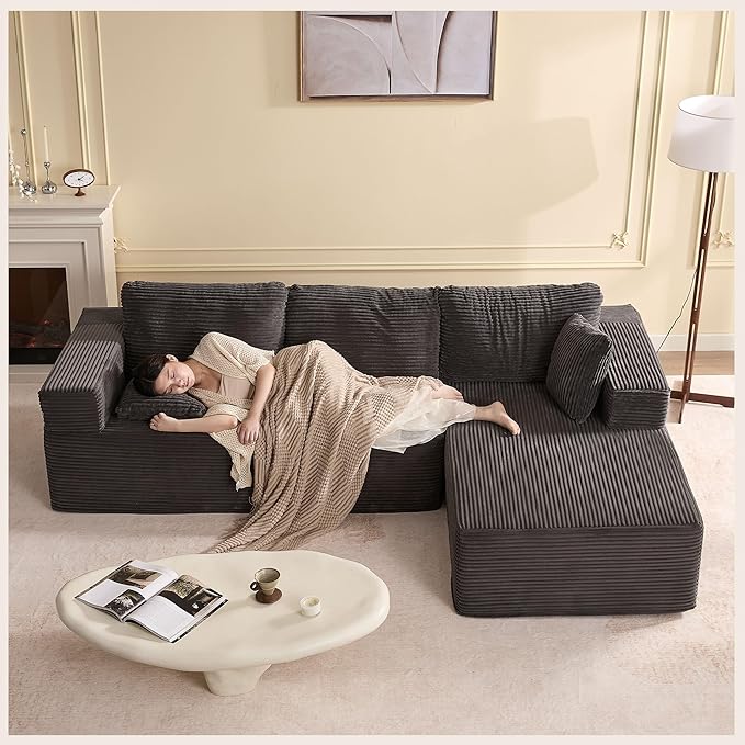 107" Boneless Couch with Deep Seat, Modular Sectional Sofa, Cloud Sectional Couch for Living Room, No Assembly Required, Corduroy, L-Shape Right?Grey