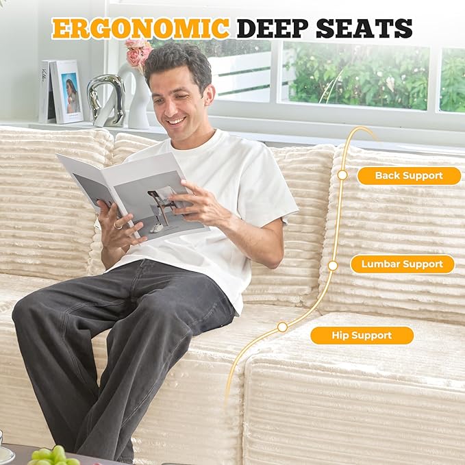 146" Modular Sectional Sofa, Convertible U-Shaped Cloud Couches for Living Room with Ottoman, 6 Seater Corduroy Boneless Couch Sofa Set, No Assembly Required, Beige 1 PCS