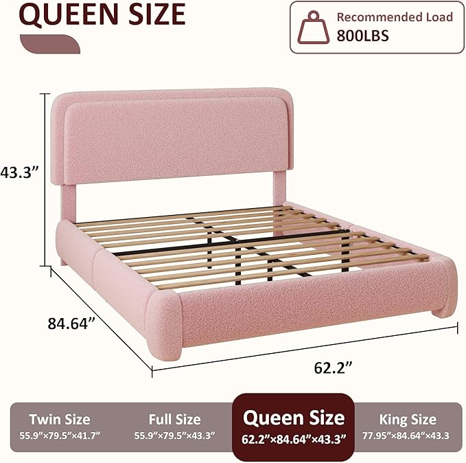 Queen Boucle Platform Bed Frame with Height Adjustable Headboard, Modern Upholstered Cloud Bed, Sleek Curved Design, No Box Spring Needed, Easy Assembly, Noise Free, Pink