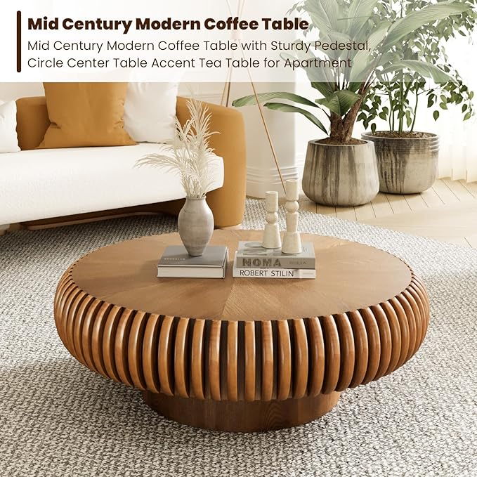 Round Drum Coffee Table for Living Room, Mid Century Modern Coffee Table with Sturdy Pedestal, Farmhouse Fluted Circle Center Table Accent Tea Table for Apartment (31.5" Brown)