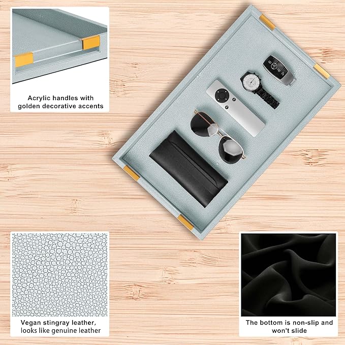 2 Pack Large Ottoman Tray Shagreen Decorative Tray Serving Tray with Acrylic Gold Handles, Ice Blue Vegan Leather Coffee Table Tray for All Occations Home Decor