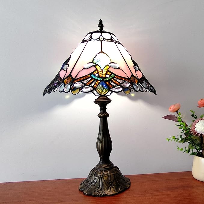 Tiffany Lamp Stained Glass Lamp 3 -Way Tiffany Style Antique Lamp Vintage Pink Baroque Style Bedside Table Light for Home Office (Included 3 Colors LED Bulb)