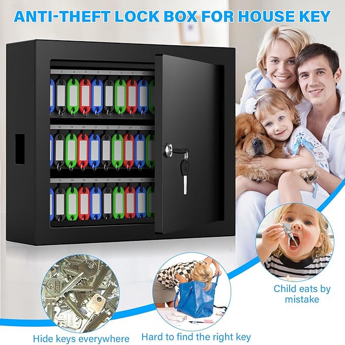 75 Keys Key Lock Box, Anti-Theft Key Cabinet with Key Tags, Key Organizer Wall Mount for Car Garage House Rental Office Business